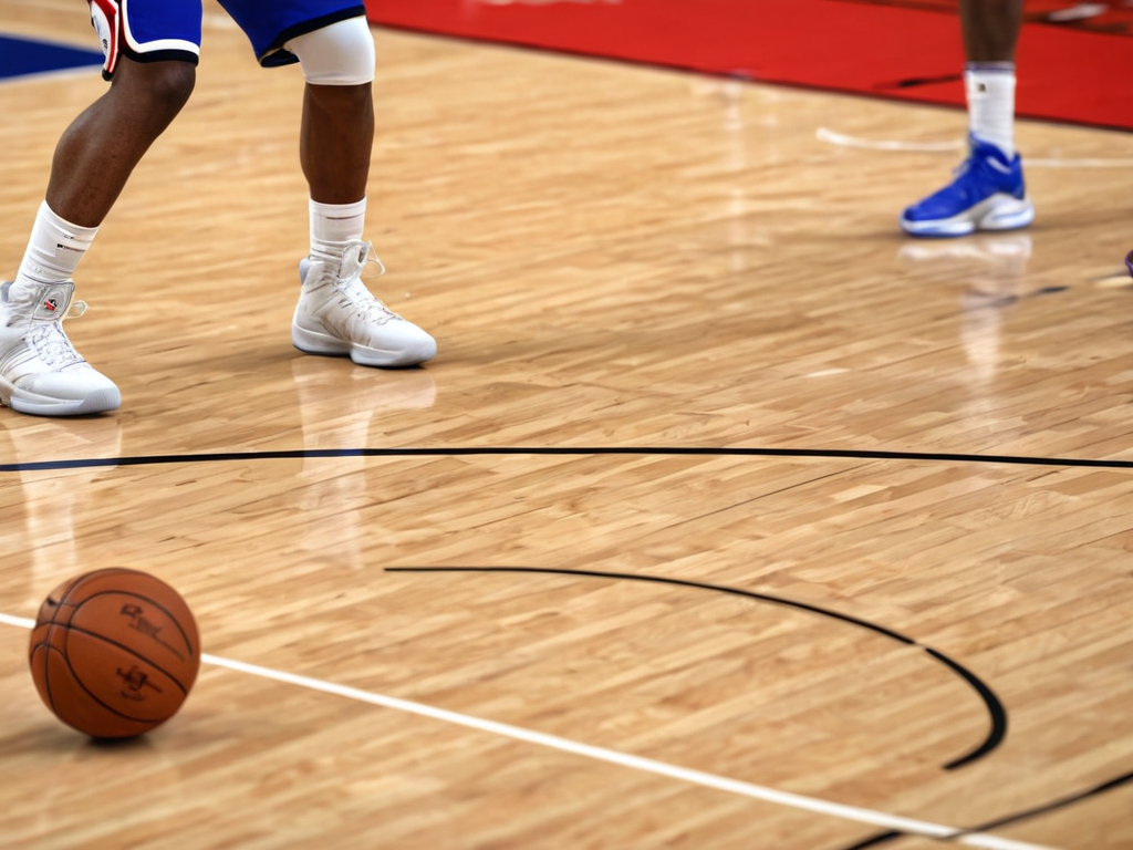 NBA 篮球比赛现场，球员在三分线外出手投篮