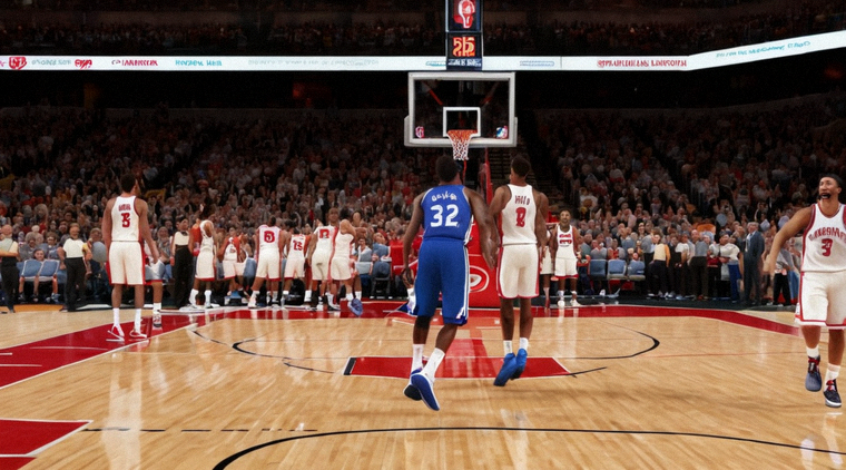 NBA篮球比赛现场，球员在三分线外起跳投篮，场边观众举起应援牌