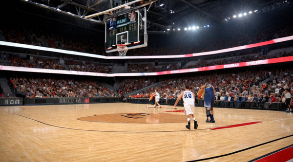 篮球场馆内进行中的比赛与场边记分牌画面